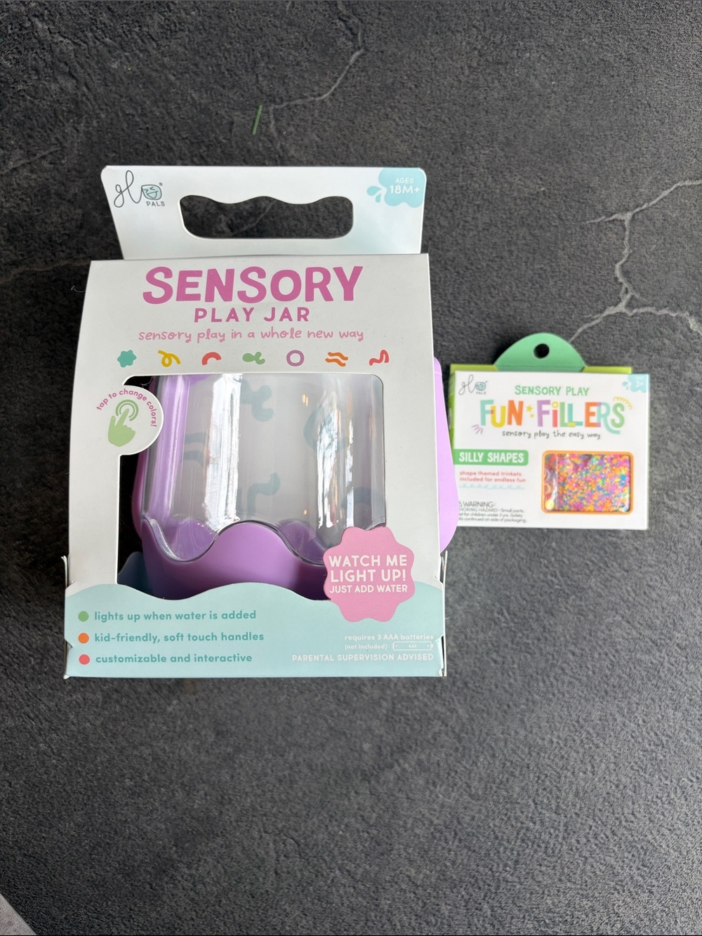 NIB - purple Glo Pals Sensory Play Jar & Shapes Filler Packet